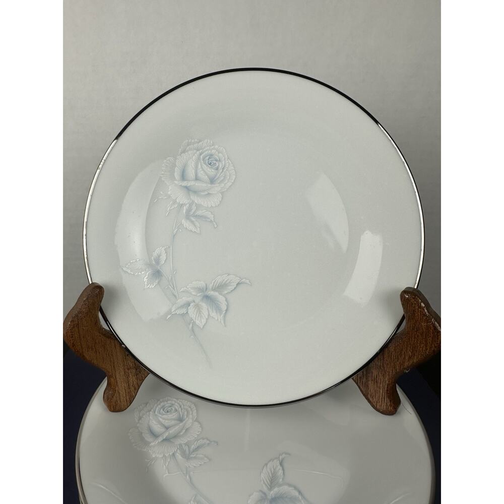 Noritake Virtue Bread Plates VTG 6 1/4" Blue Rose Platinum Trim Japan 2934